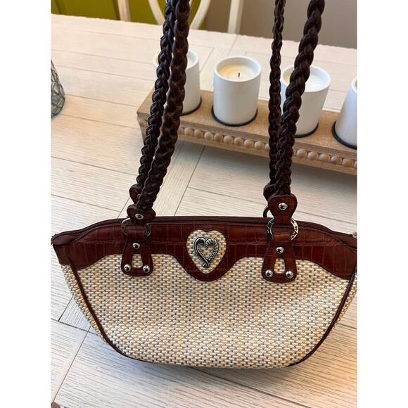 MC heart tan w/ brown embossed trim shoulder bag w/ zip closure silver feet - Picture 8 of 10